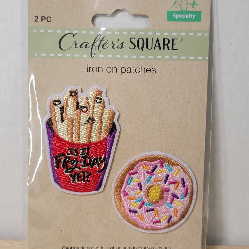 2 Pc Crafter's Square Iron On Patches: Fries & Donut - NEW / SEALED